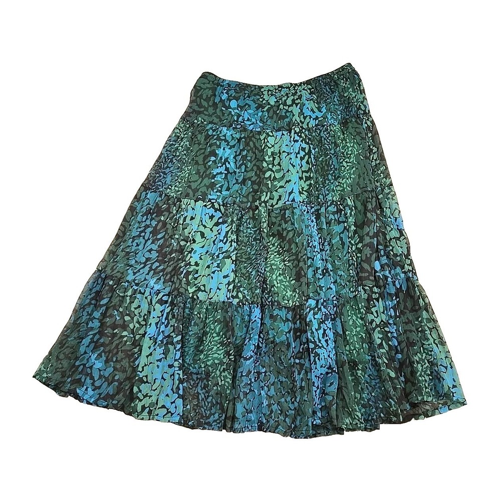 Serengeti Geometric Midi Skirt L Green Blue Light Weight Flowy Semi-Sheer Tiered